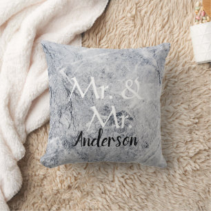 Mr. and Mr. Custom name gray marble gay wedding Throw Pillow