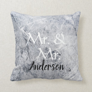 Mr. and Mr. Custom name gray marble gay wedding Throw Pillow