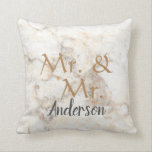 Mr. and Mr. Custom name marble gay wedding Throw Pillow<br><div class="desc">Modern elegant,  Mr. and Mr. White marble pattern,  script,  Gay Wedding pillow.
You can personalize it and add your own text and name.</div>