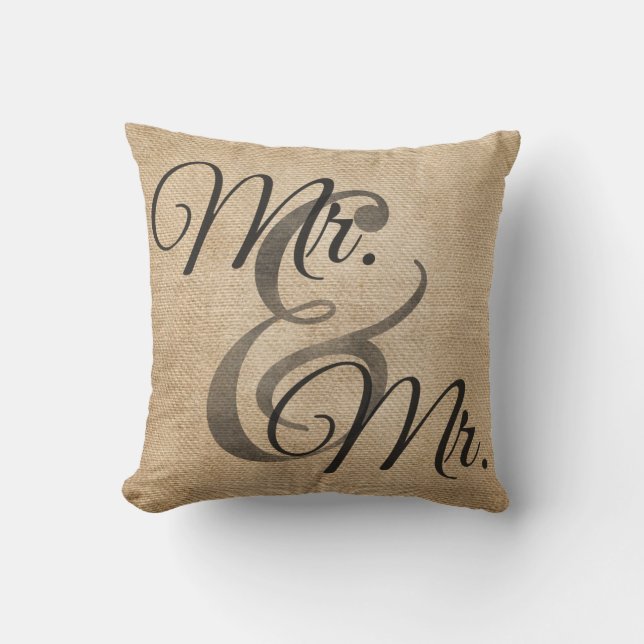 Mr and Mr Gay Burlap Wedding Personalized Throw Pillow (Front)