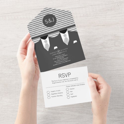 Mr and Mr Grey Suit and Tie Gay Wedding All In One Invitation