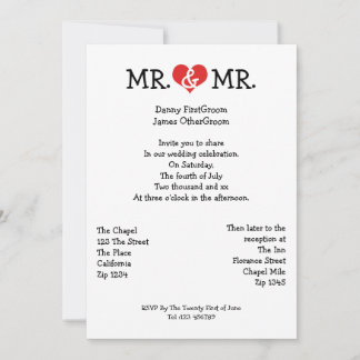 Mr and Mr Love Heart Gay Wedding Invitation