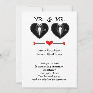 Mr and Mr Love Heart  Tuxedo Gay Wedding Invitation