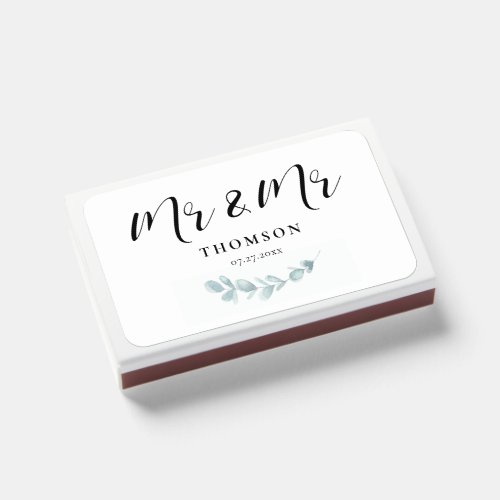 Mr and Mr Minimalist watercolor greenery wedding Matchboxes