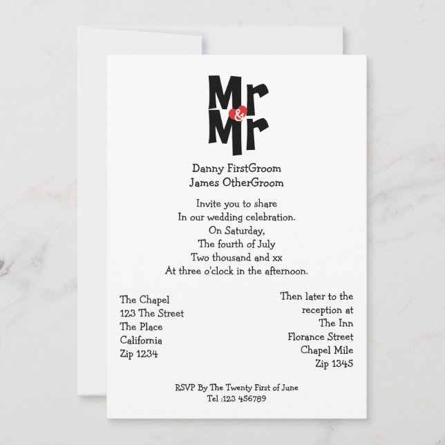 Mr And Mr Modern Bold Gay Wedding Invitation (Front)