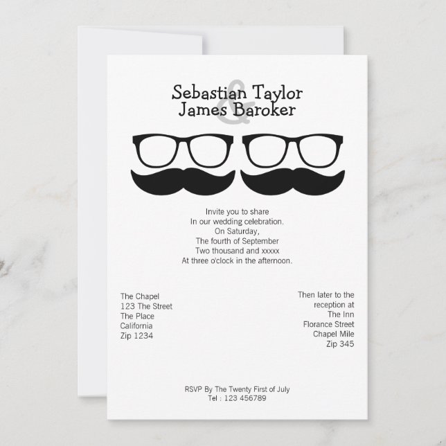 Mr and Mr Mustache And Glasses Wedding Invitation (Front)