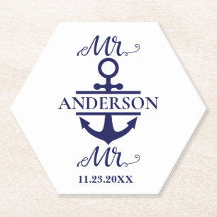 Mr and Mr Nautical Anchor Gay Wedding Favor Paper Coaster