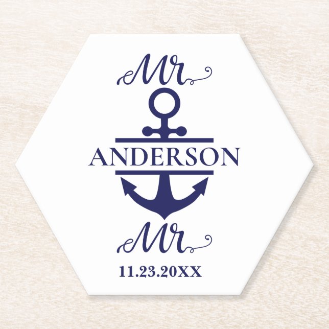 Mr and Mr Nautical Anchor Gay Wedding Favor Paper Coaster (Front)
