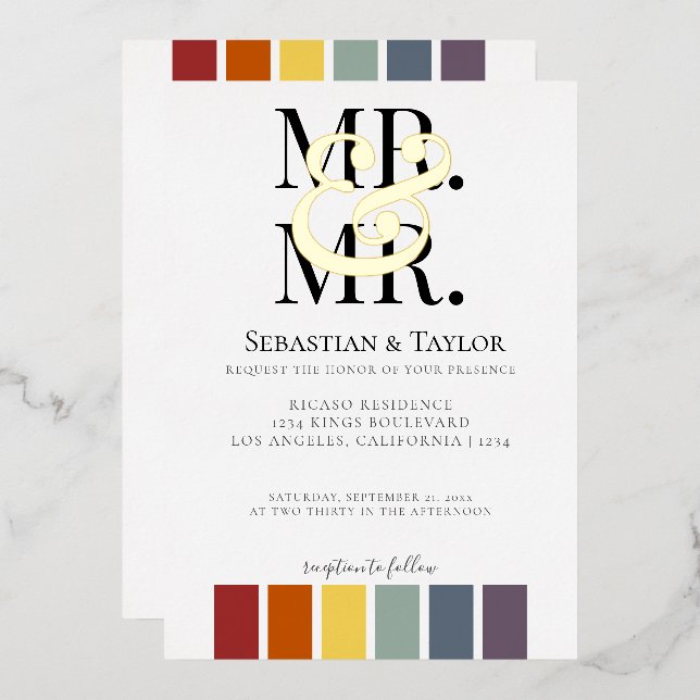 Mr and Mr Rainbow Gay Elegant Wedding Foil Invitation (Front/Back)
