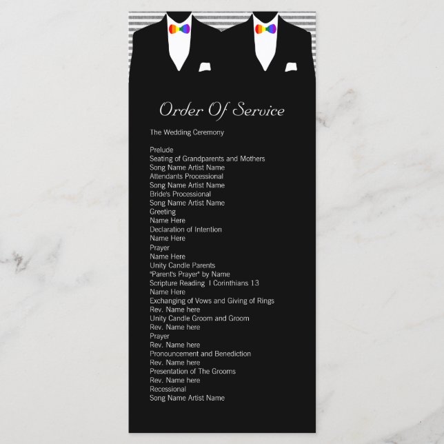Mr and Mr Rainbow Tie Gay Wedding Service Order Program (Front)