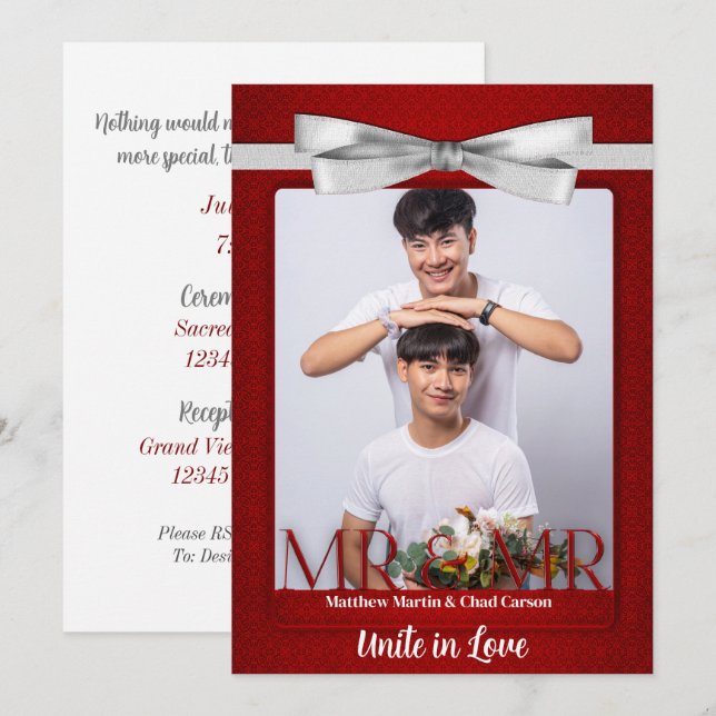 Mr and Mr Red Damask Two Grooms Photo Wedding Invitation (Front/Back)
