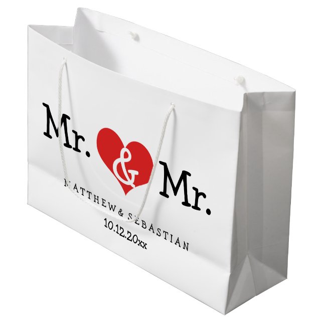 Mr and Mr Red Heart Wedding Personalized Large Gift Bag (Front Angled)