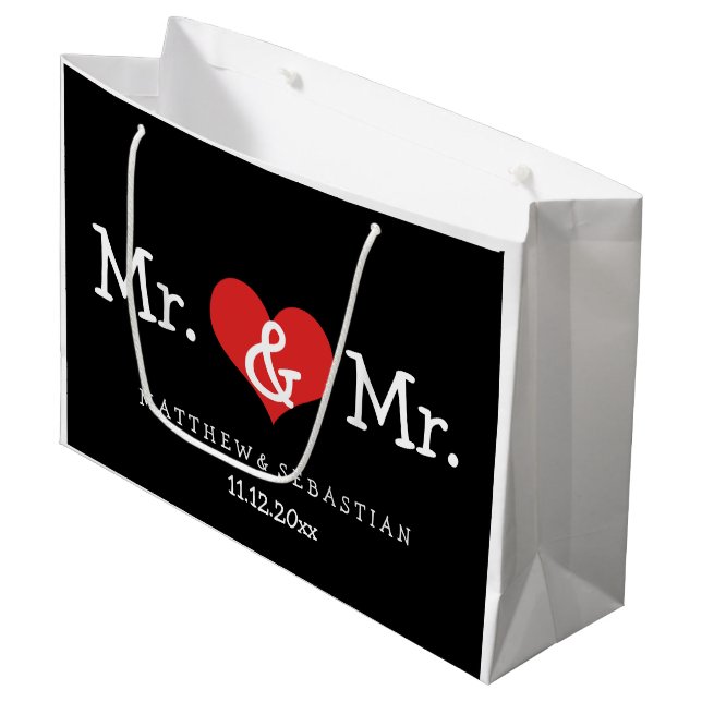 Mr and Mr Red Heart Wedding Personalized Large Gift Bag (Front Angled)