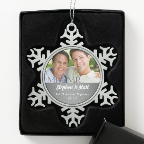 MR and MR Silver Damask 1st Christmas Photo Snowflake Pewter Christmas Ornament