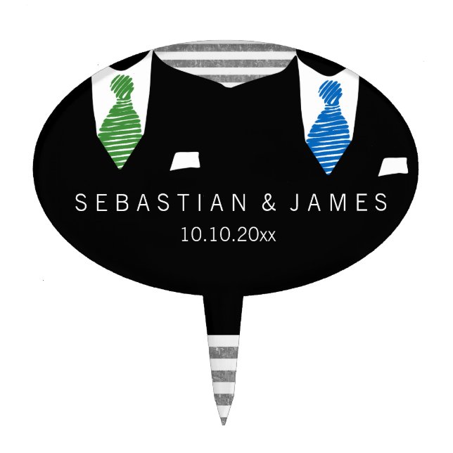 Mr and Mr Suit and Green Blue Ties Gay Wedding Cake Topper (Front)