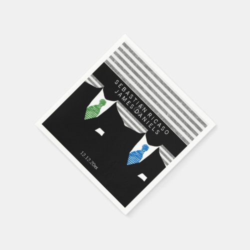 Mr and Mr Suit and Green Blue Ties Gay Wedding Paper Napkins