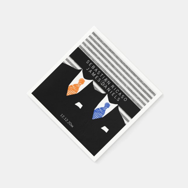 Mr and Mr Suit and Orange Blue Ties Gay Wedding Napkins (Corner)