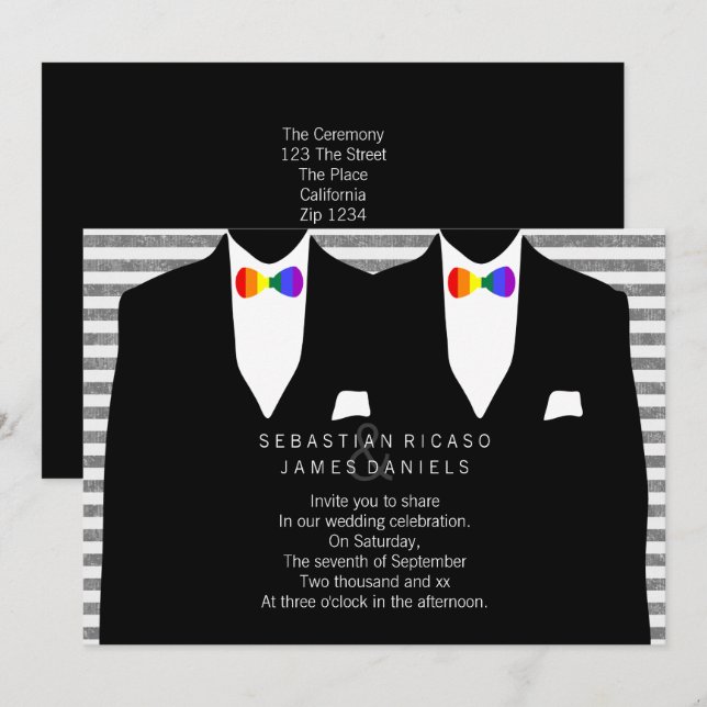Mr and Mr Suit and Rainbow Bow Tie Gay Wedding Invitation (Front/Back)