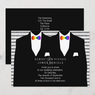 Mr and Mr Suit and Rainbow Bow Tie Gay Wedding Invitation