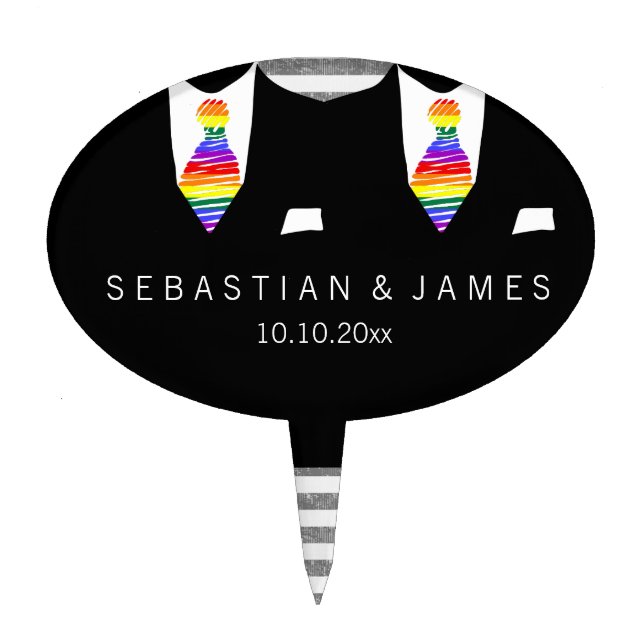 Mr and Mr Suit and Rainbow Tie Gay Wedding Cake Topper (Front)