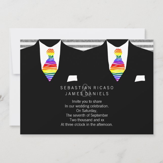 Mr and Mr Suit and Rainbow Tie Gay Wedding Invitation (Front)
