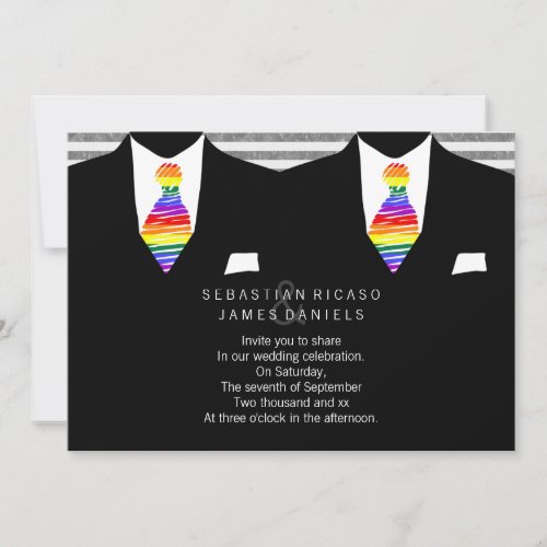 Mr and Mr Suit and Rainbow Tie Gay Wedding Invitation