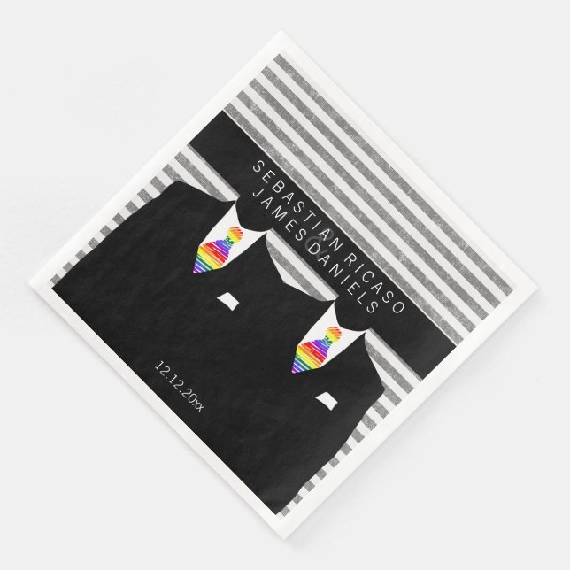 Mr and Mr Suit and Rainbow Tie Gay Wedding Paper Dinner Napkins (Corner)