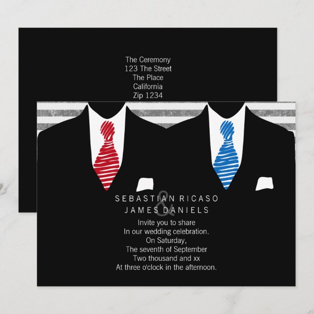 Mr and Mr Suit and Tie Gay Wedding (Blue Red) Invitation (Front/Back)