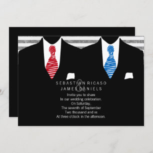Mr and Mr Suit and Tie Gay Wedding (Blue Red) Invitation