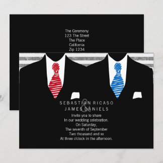 Mr and Mr Suit and Tie Gay Wedding (Blue Red) Invitation