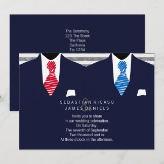 Mr and Mr Suit and Tie Gay Wedding (Blue Red) Invitation