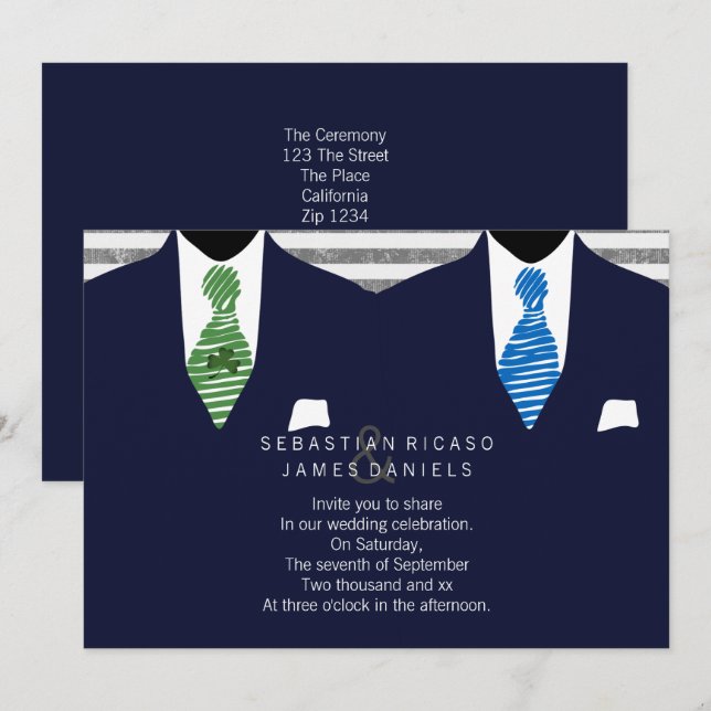 Mr and Mr Suit and Tie Gay Wedding (Navy) Invitation (Front/Back)
