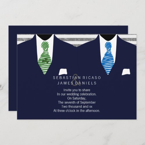 Mr and Mr Suit and Tie Gay Wedding Navy Invitation