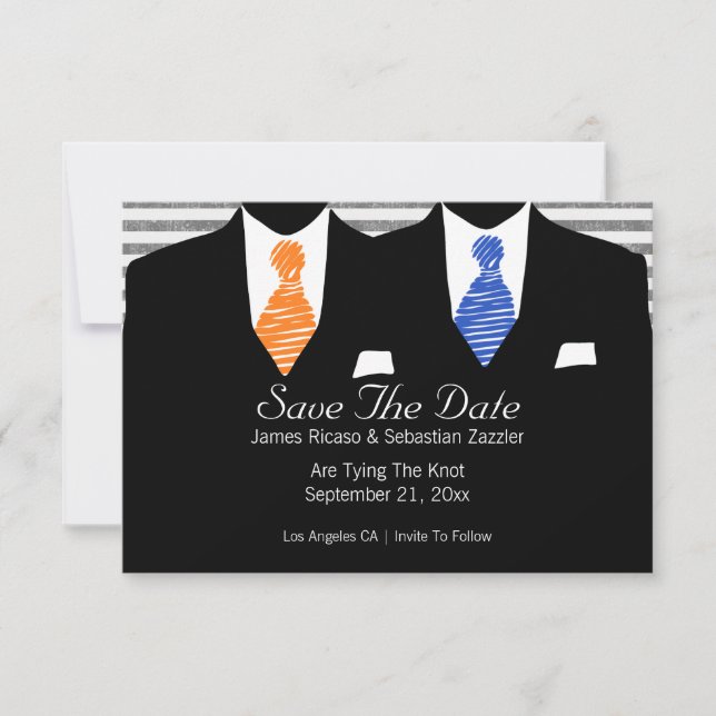 Mr and Mr Suit Blue Orange Ties Gay Save The Date (Front)