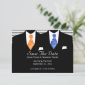 Mr and Mr Suit Blue Orange Ties Gay Save The Date (Standing Front)