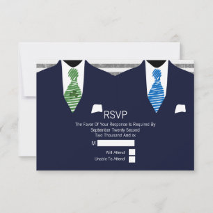 Mr and Mr Suit Green Blue Ties Gay Wedding RSVP V3 Card
