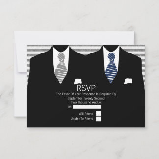 Mr and Mr Suit Grey Navy Ties Gay Wedding RSVP Card