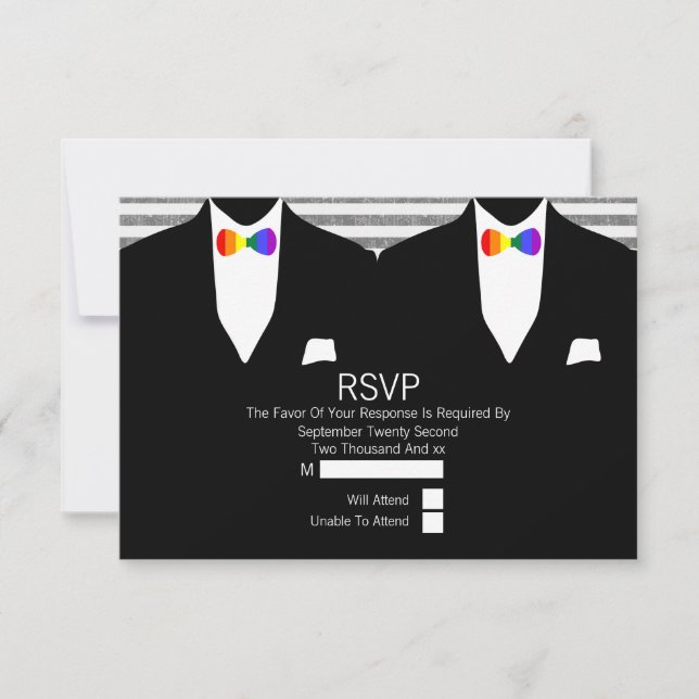 Mr and Mr Suit Rainbow Bow Ties Gay Wedding RSVP (Front)