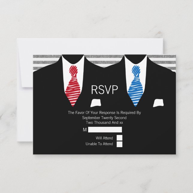 Mr and Mr Suit Red Blue Ties Gay Wedding RSVP (Front)