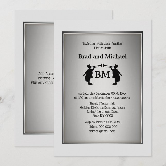 Mr and Mr Trumpet blower grooms silver black white Invitation (Front/Back)