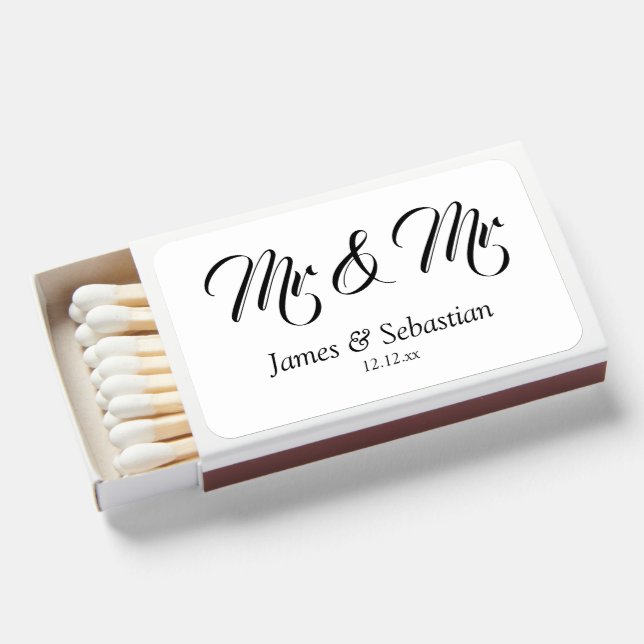 Mr and Mr Two Grooms Personalized Gay Wedding Matchboxes (Front Open)