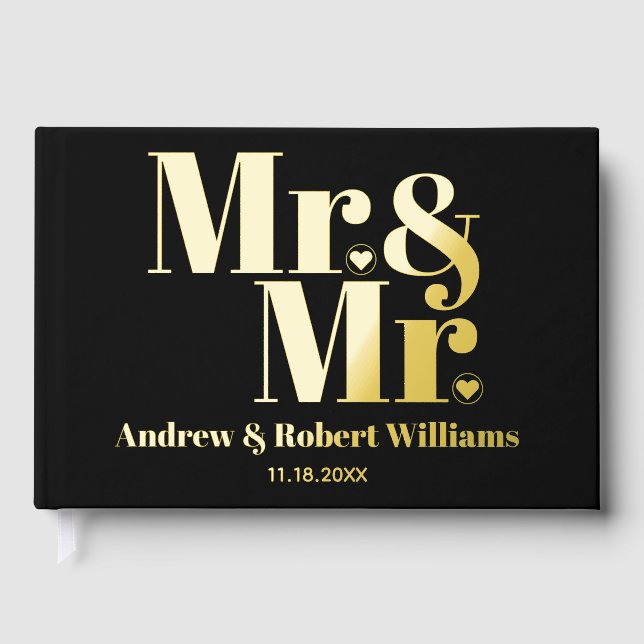 Mr. and Mr. typography black gay wedding photo Foil Guest Book (Front)