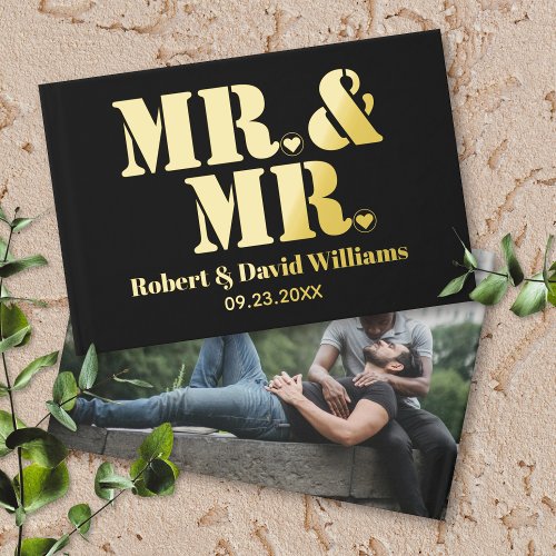 Mr and Mr typography black gay wedding photo Foil Guest Book