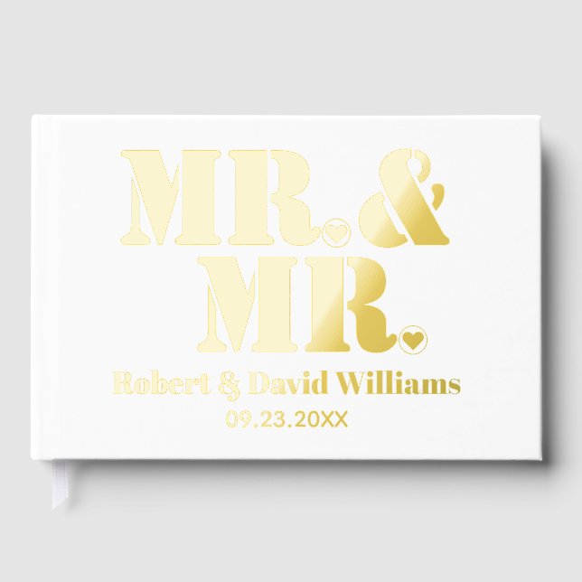 Mr. and Mr. typography white gay wedding foil Foil Guest Book (Front)