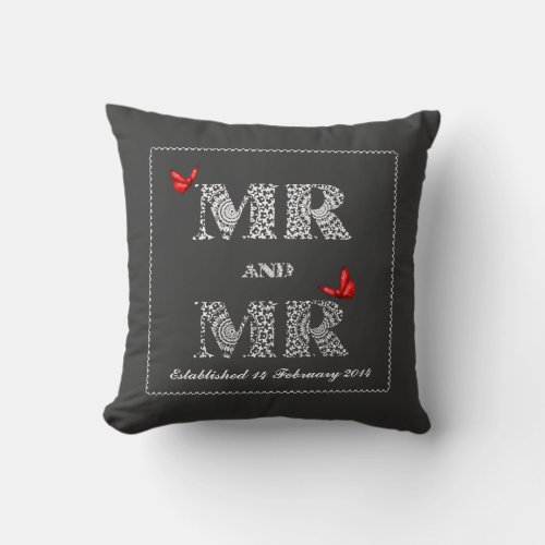 Mr and Mr White Lace  Word Art  Red Butterflies Throw Pillow