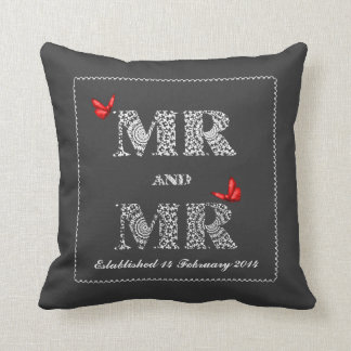 Mr and Mr White Lace Word Art Red Butterflies Throw Pillow