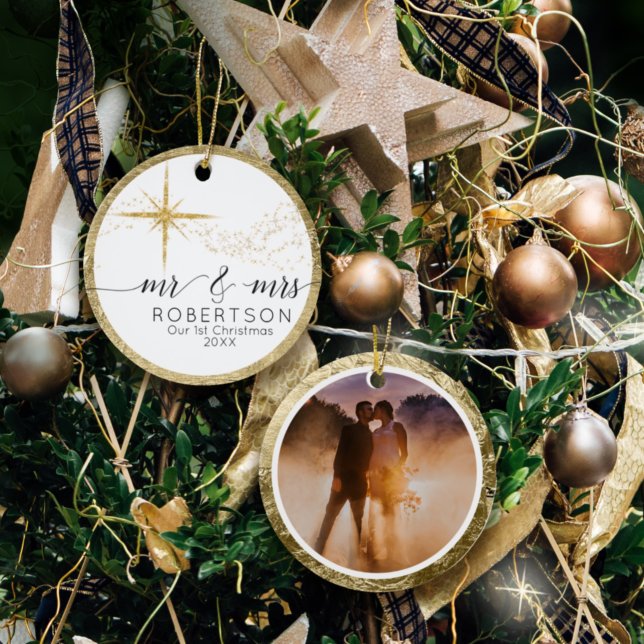 Mr and Mrs 1st Christmas Gold Glitter Star Photo Ceramic Ornament (Creator Uploaded)