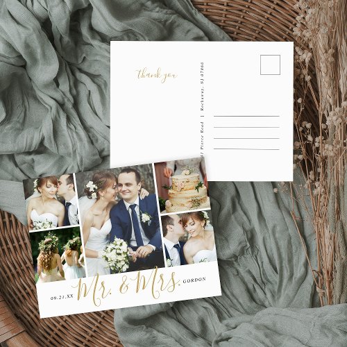 Mr and Mrs 5 Photo Collage Wedding Thank You Postcard