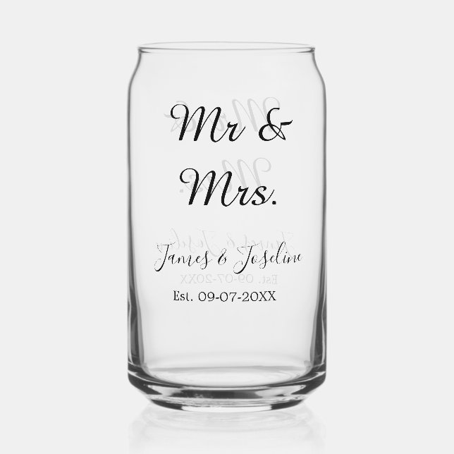 Mr and Mrs add name est. Date year wedding couple  Can Glass (Front)