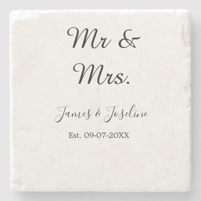 Mr and Mrs add name est. Date year wedding couple  Stone Coaster (Front)